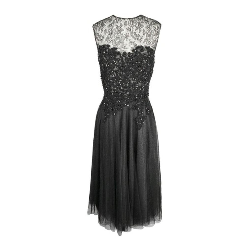 Reem Acra Black Lace Tulle Dress‎ Sequin Bodice Cocktail Size 6